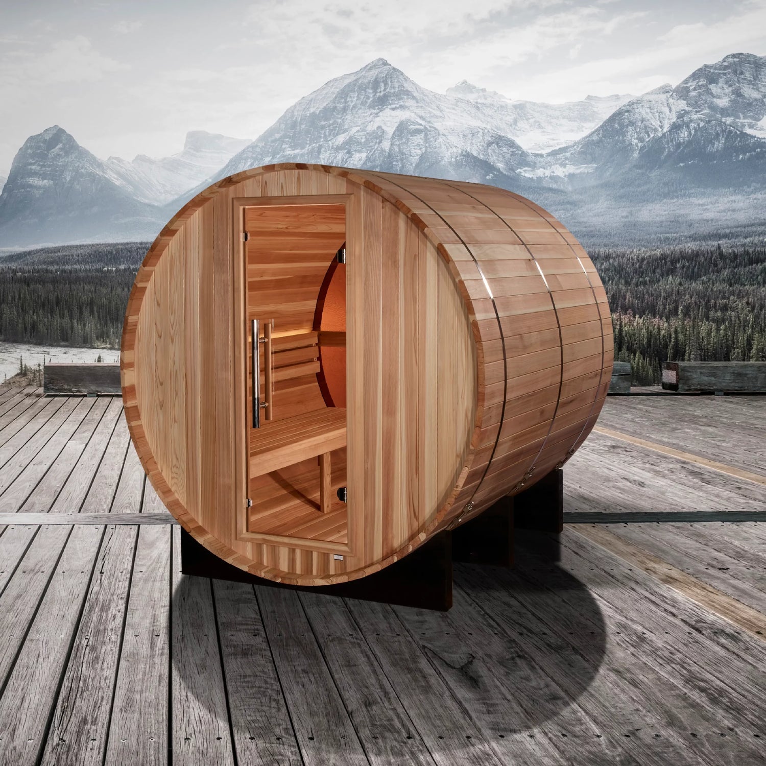 Zurich Barrel Sauna with Bronze Privacy View | Golden Designs Inc.