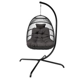 Swing Egg Chair with Stand Indoor Outdoor Wicker Rattan Patio Basket Hanging Chair with C Type bracket , with cushion and pillow,Black(Banned from sel