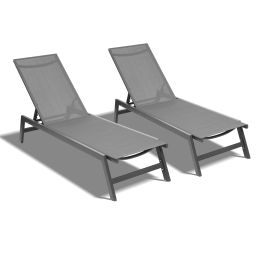 Outdoor 2-Pcs Set Chaise Lounge Chairs; Five-Position Adjustable Aluminum Recliner; All Weather For Patio; Beach; Yard; Pool(Grey Frame/Dark Grey Fabr