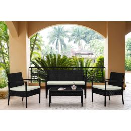 Manhattan Comfort Noli Steel Rattan 4-Piece Patio Conversation Set with Cushions in Cream