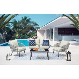 Manhattan Comfort Riviera Rope Wicker 4-Piece 4 Seater Patio Conversation Set with Cushions in Cream