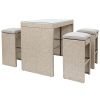 5-piece Rattan Outdoor Patio Furniture Set Bar Dining Table Set with 4 Stools; Brown Cushion+Brown Wicker