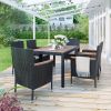 7-Piece Outdoor Patio Dining Set, Garden PE Rattan Wicker Dining Table and Chairs Set, Acacia Wood Tabletop, Stackable Armrest Chairs with Cushions