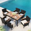 7-Piece Outdoor Patio Dining Set, Garden PE Rattan Wicker Dining Table and Chairs Set, Acacia Wood Tabletop, Stackable Armrest Chairs with Cushions