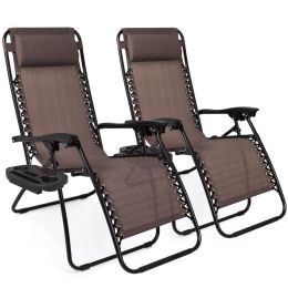 Set of 2 Zero Gravity Lounge Chair Lounger for Patio;  Pool with Cup Holder Tray (Color: BROWN)