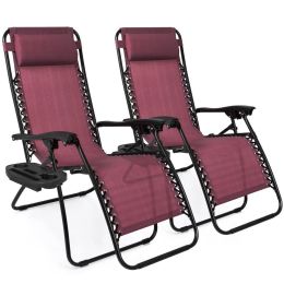 Set of 2 Zero Gravity Lounge Chair Lounger for Patio;  Pool with Cup Holder Tray (Color: Burgundy)