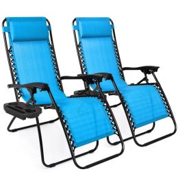 Set of 2 Zero Gravity Lounge Chair Lounger for Patio;  Pool with Cup Holder Tray (Color: Light Blue)