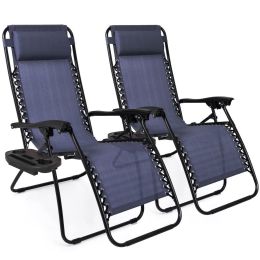 Set of 2 Zero Gravity Lounge Chair Lounger for Patio;  Pool with Cup Holder Tray (Color: Navy Blue)