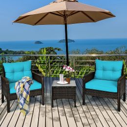 3 Piece Outdoor Rattan Conversation Set Patio Furniture Upholstered Sofa Chair (Color: Blue)