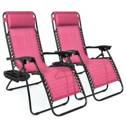 Set of 2 Zero Gravity Lounge Chair Lounger for Patio;  Pool with Cup Holder Tray (Color: Pink)