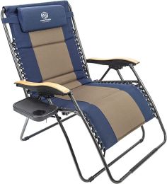 Outdoor Zero Gravity Chair Wood Armrest Padded Comfort Folding Patio Lounge Chair, Blue+Black (Color: Navy Blue+Brown)