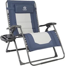 Outdoor Zero Gravity Chair Wood Armrest Padded Comfort Folding Patio Lounge Chair, Blue+Black (Color: Navy Blue+Grey)