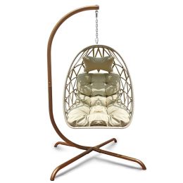 Swing Egg Chair  Stand Indoor Outdoor Wicker Rattan Patio Basket Hanging Chair with C Type bracket (Color: gold)