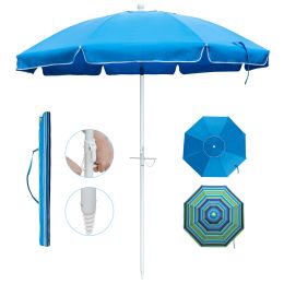 7ft Beach Umbrella with Sand Anchor;  Push Button Tilt and Carry Bag;  UV 50+ Protection Windproof Portable Patio Umbrella for Garden Beach Outdoor (Color: Blue)