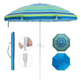 7ft Beach Umbrella with Sand Anchor;  Push Button Tilt and Carry Bag;  UV 50+ Protection Windproof Portable Patio Umbrella for Garden Beach Outdoor (Color: Green Stripe)