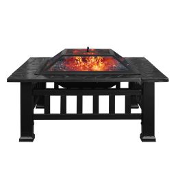 32in 3 in 1Multifunctional Fire Pit Table  Metal Square Patio Firepit Table BBQ Garden Stove with Spark Screen;  Cover;  Log Grate and Poker for Warmt (Color: Black)