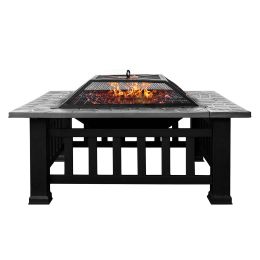 32in 3 in 1Multifunctional Fire Pit Table  Metal Square Patio Firepit Table BBQ Garden Stove with Spark Screen;  Cover;  Log Grate and Poker for Warmt (Color: Antique Gray)