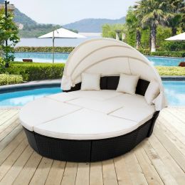 Outdoor rattan daybed sunbed with Retractable Canopy Wicker Furniture, Round Outdoor Sectional Sofa Set, black Wicker Furniture Clamshell Seating with (Color: Beige)