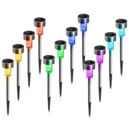 12 Pcs LED Stainless Steel Outdoor Garden Solar Lights for Pathway Walkway Patio Yard Lawn Cool White XH (Color: Multicolor)