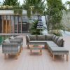 9-Piece Outdoor Patio Garden Wicker Sofa Set, Gray PE Rattan Sofa Set, with Wood Legs, Acacia Wood Tabletop, Armrest Chairs with Beige Cushions