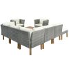 9-Piece Outdoor Patio Garden Wicker Sofa Set, Gray PE Rattan Sofa Set, with Wood Legs, Acacia Wood Tabletop, Armrest Chairs with Beige Cushions