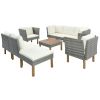 9-Piece Outdoor Patio Garden Wicker Sofa Set, Gray PE Rattan Sofa Set, with Wood Legs, Acacia Wood Tabletop, Armrest Chairs with Beige Cushions