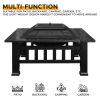 32in 3 in 1Multifunctional Fire Pit Table  Metal Square Patio Firepit Table BBQ Garden Stove with Spark Screen;  Cover;  Log Grate and Poker for Warmt