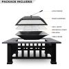 32in 3 in 1Multifunctional Fire Pit Table  Metal Square Patio Firepit Table BBQ Garden Stove with Spark Screen;  Cover;  Log Grate and Poker for Warmt