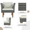 9-Piece Outdoor Patio Garden Wicker Sofa Set, Gray PE Rattan Sofa Set, with Wood Legs, Acacia Wood Tabletop, Armrest Chairs with Beige Cushions